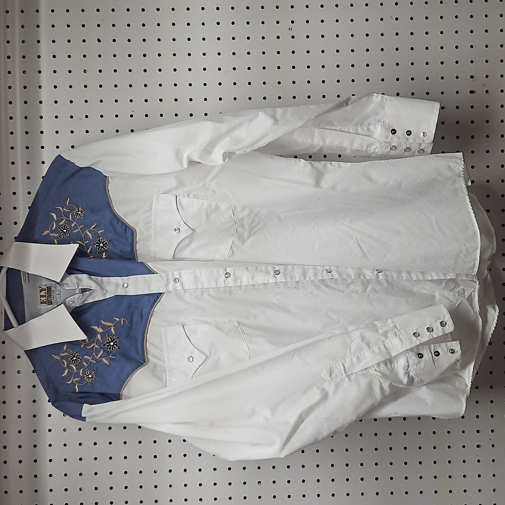 Vintage Ely Collared Men's L/S Large Blue Western Pearl Snap Embroidered Floral